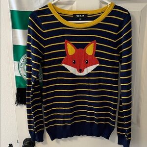 Navy and Yellow Striped Crewneck Sweater with Red Fox Motif